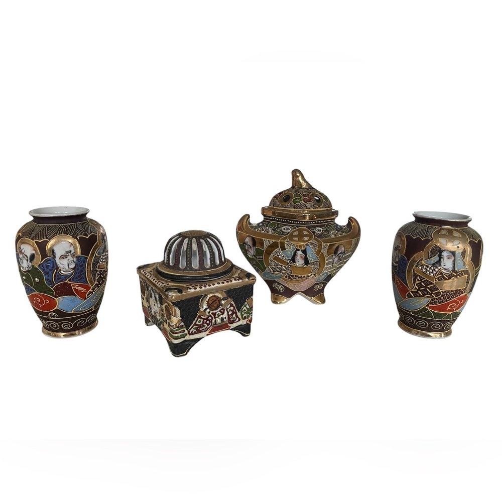 Vintage Japanese Satsuma-Style Porcelain Vases & Incense Burner
